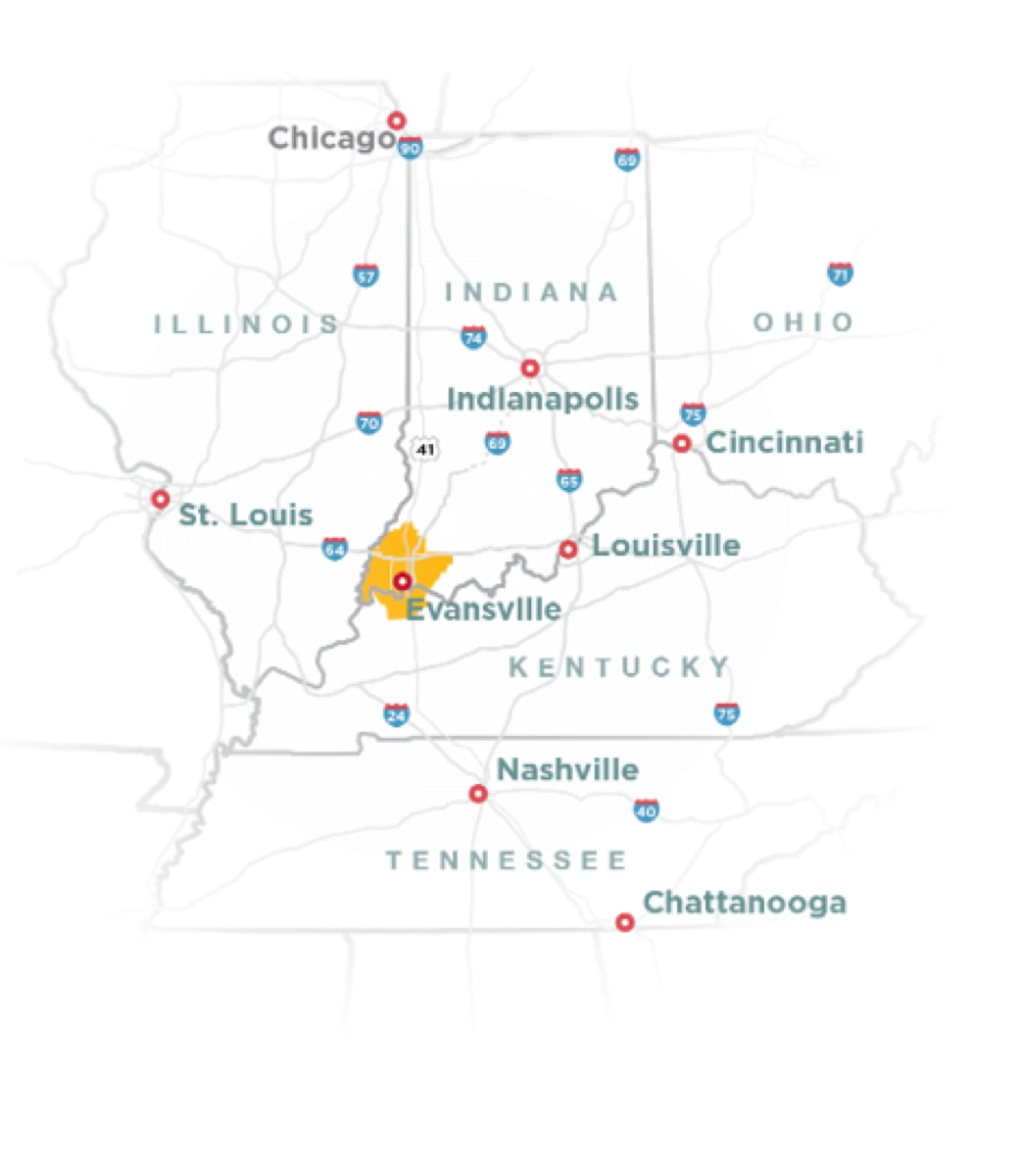 Map showing Evansville positioned near regional highway corridors